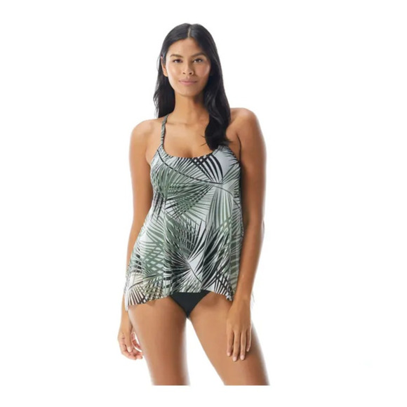 Coco Reef Endless Summer Palm Green Tankini Top Y-Back Mesh Overlay Size 34D New - Picture 1 of 6
